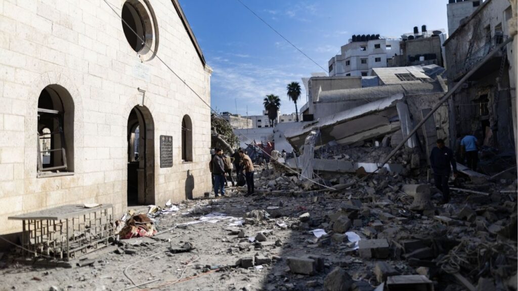 The heavily damaged Ahli Arab hospital after an Israeli strike in Gaza City, on Sunday, April 13, 2025. An Israeli strike killed a security guard and wounded 10 patients at a field hospital in southern Gaza on Tuesday, two days after Israel attacked the Al Ahli Arab Hospital in Gaza City, one of the last functioning medical centers in Gaza. (Saher Alghorra/The New York Times)